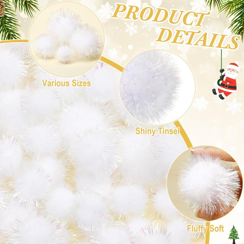 Knitgrip 150 Pcs Large Glitter Tinsel Pom Poms 2.5" 2" 1.4" 1" Christmas Pompom Balls Jumbo Glitter Balls for DIY Craft Making Christmas Decorations(White) - Image 3